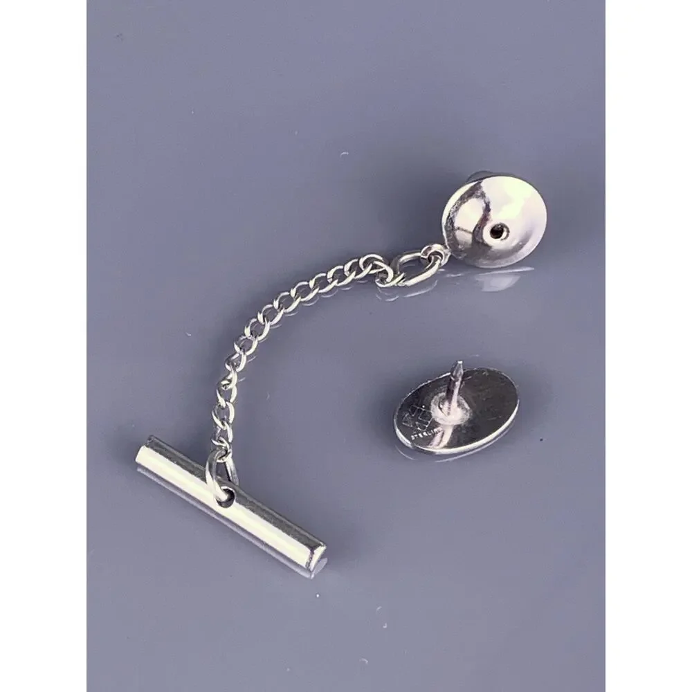 Small Etched Modernist Tie Tack Pin Sterling Silver Simple Oval Vintage